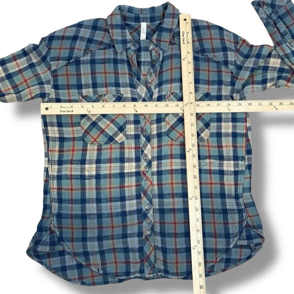 Vintage Free People Plaid Raw Hem Flannel Shirt‎ Ombre Blue Multi XS XSmall